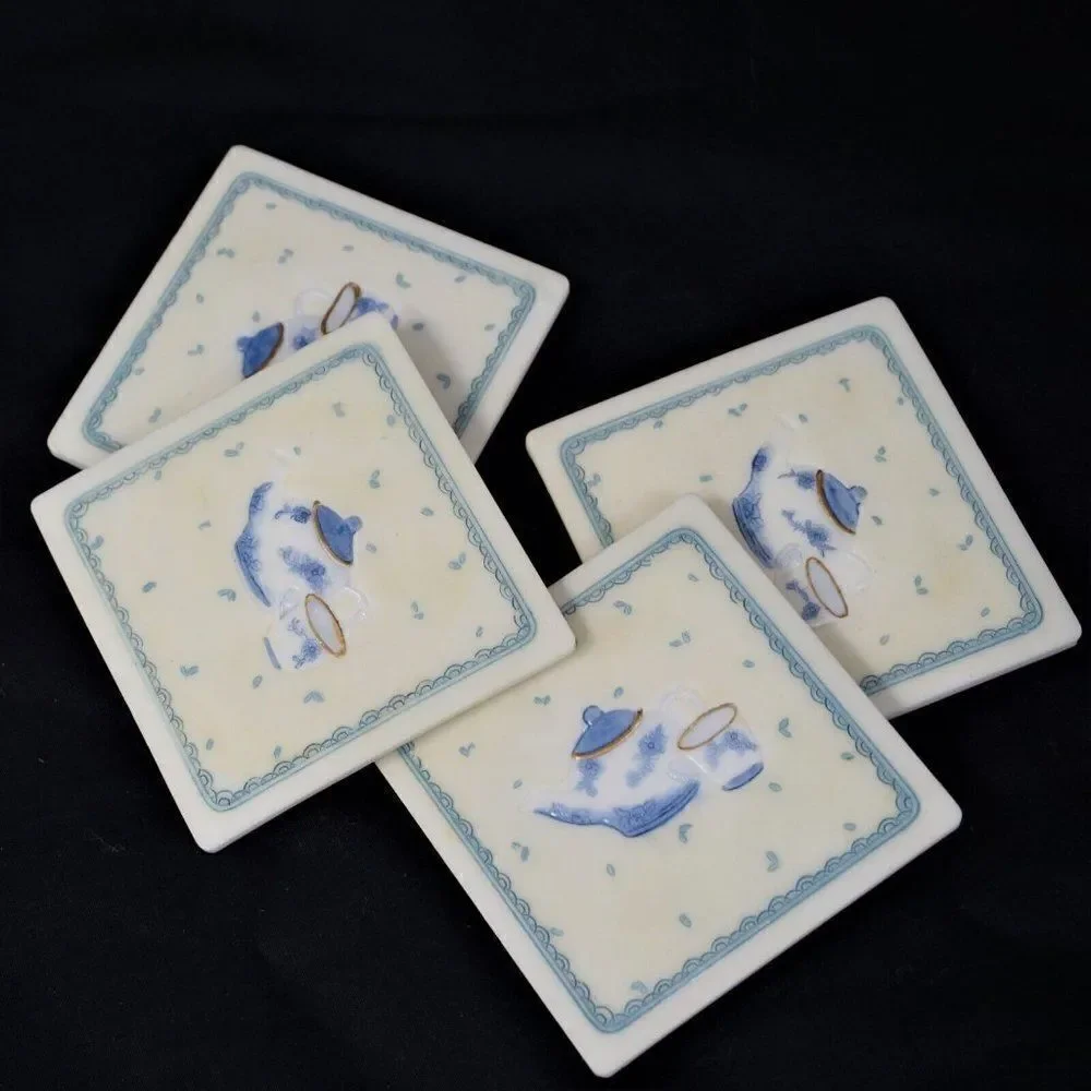 Vintage Tea Time Ceramic Coasters Ivory And Blue With Cork Back Set Of 4